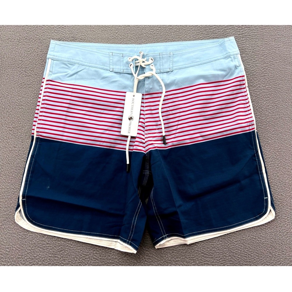 Southern Proper Board Shorts Mens M Blue Navy Red Striped Swim Trunks NWT